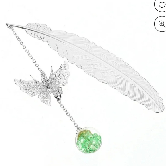 Metal feather bookmark with a butterfly pendant, New In Box - Picture 3 of 4